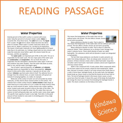 Water Properties Reading Comprehension Passage and Questions | Printable PDF