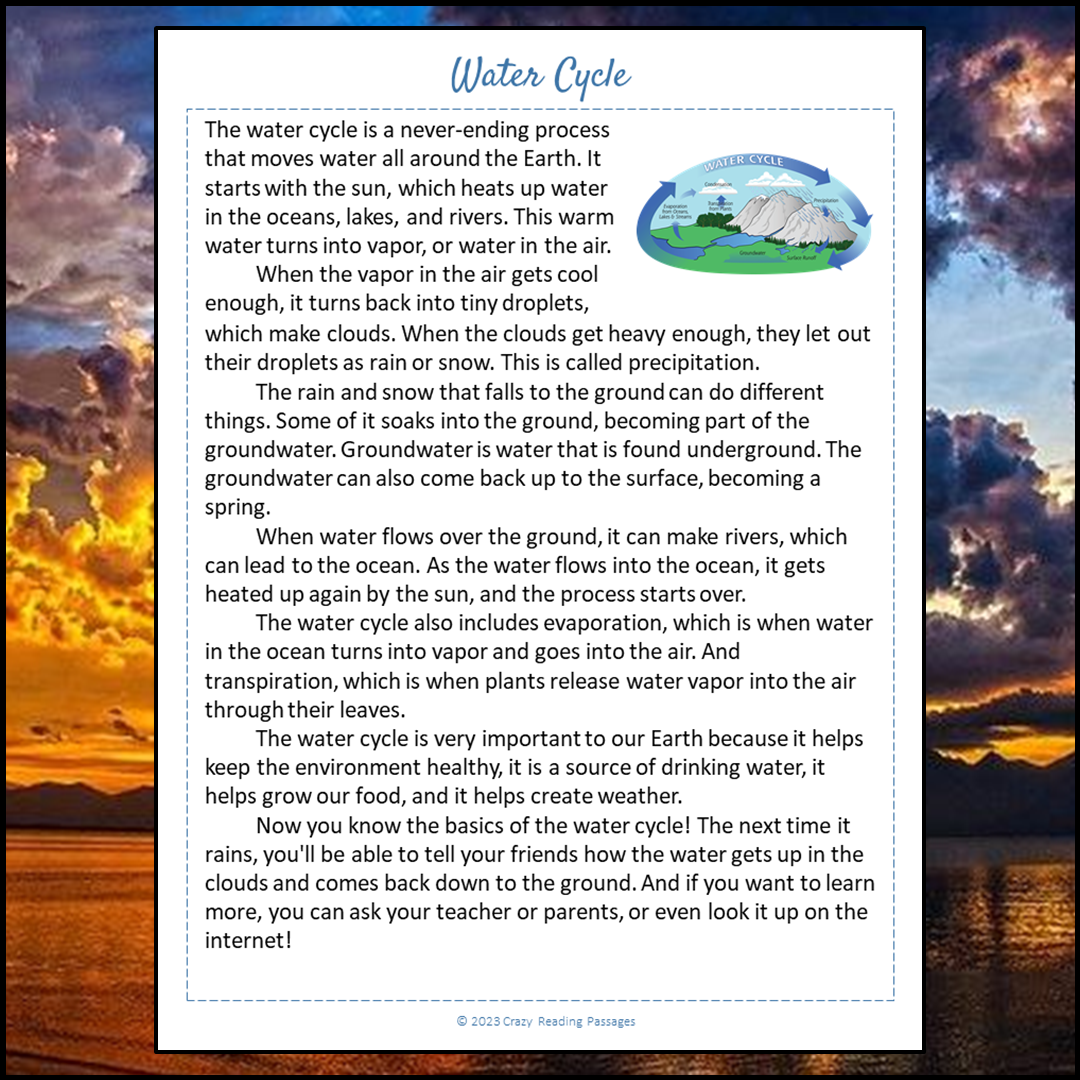 Water Cycle Reading Comprehension Passage and Questions | Printable PDF