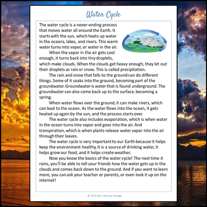 Water Cycle Reading Comprehension Passage and Questions | Printable PDF