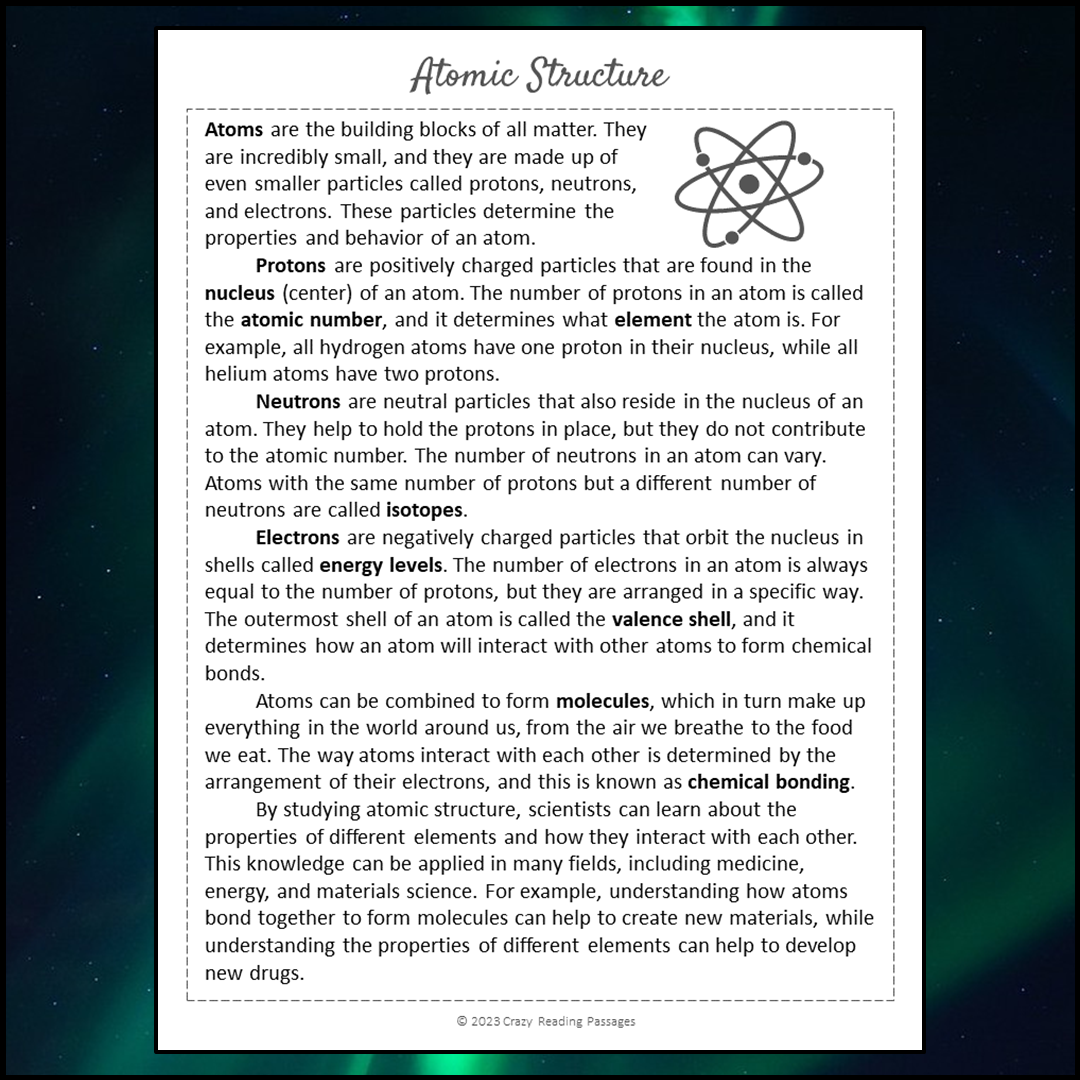 Atomic Structure Reading Comprehension Passage and Questions | Printable PDF