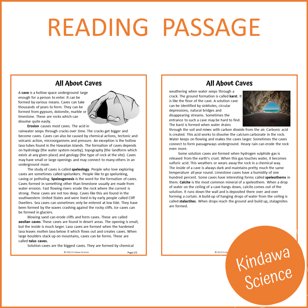 All About Caves Reading Comprehension Passage and Questions | Printable PDF