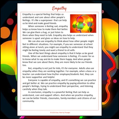 Empathy Reading Comprehension Passage and Questions | Printable PDF