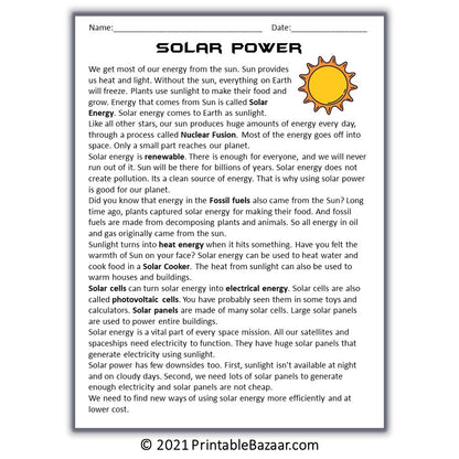 Solar Power Reading Comprehension Passage and Questions