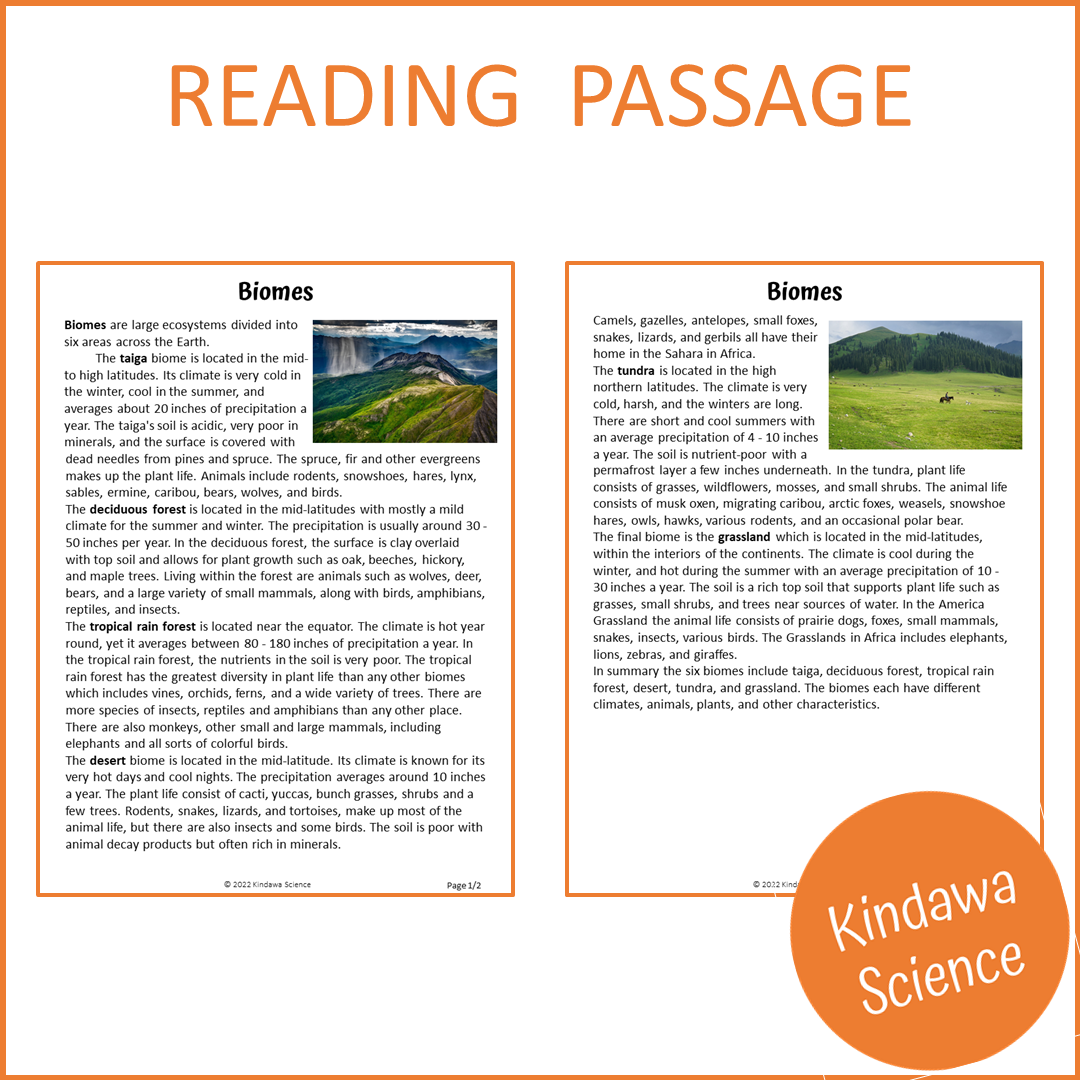 Biomes Reading Comprehension Passage and Questions | Printable PDF