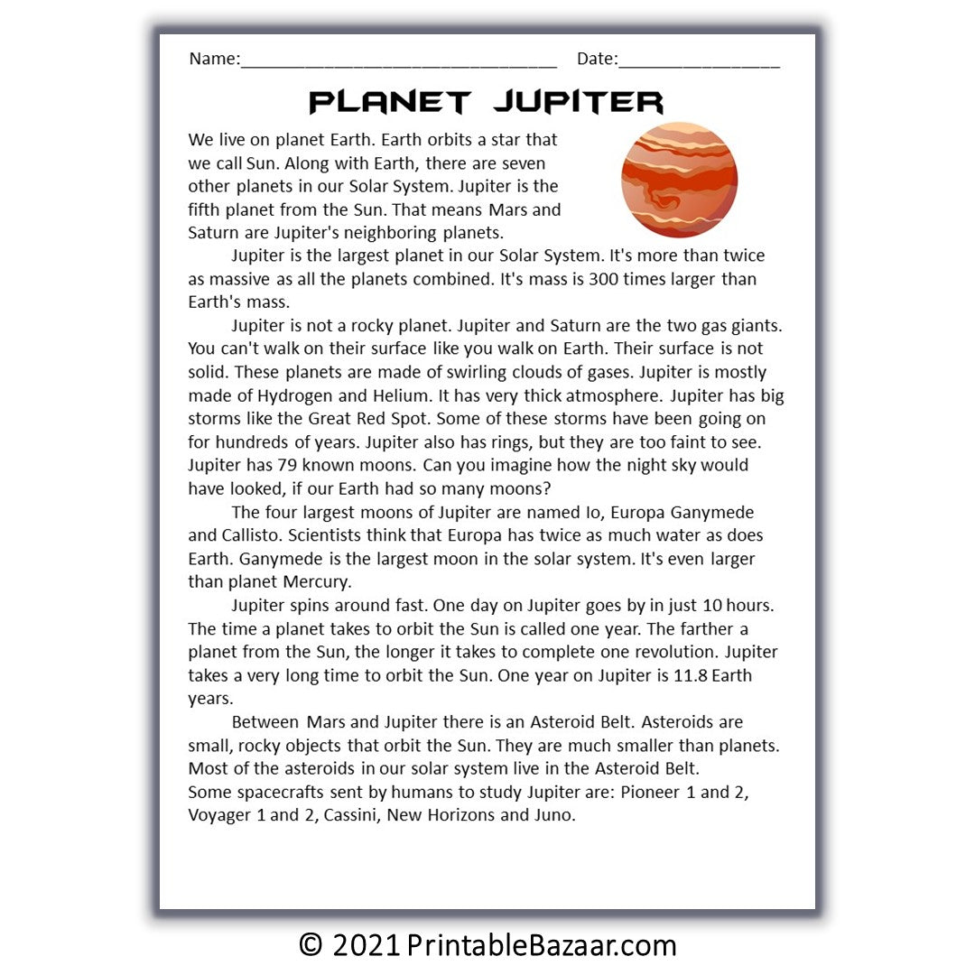 Jupiter Reading Comprehension Passage and Questions