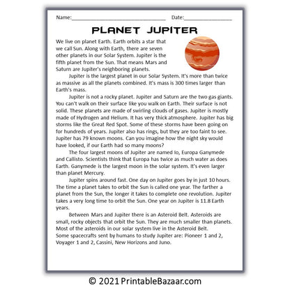 Jupiter Reading Comprehension Passage and Questions