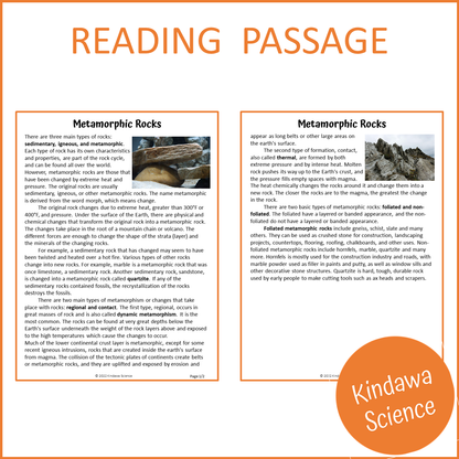 Metamorphic Rocks Reading Comprehension Passage and Questions | Printable PDF