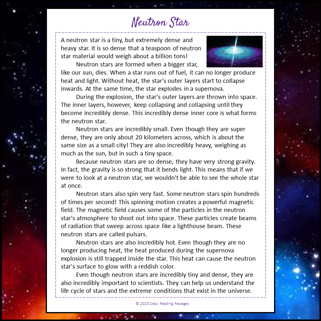 Neutron Star Reading Comprehension Passage and Questions | Printable PDF