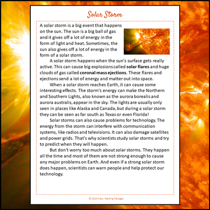 Solar Storm Reading Comprehension Passage and Questions | Printable PDF