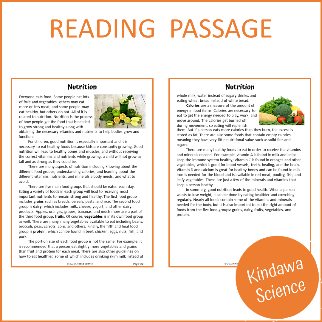 Nutrition Reading Comprehension Passage and Questions | Printable PDF