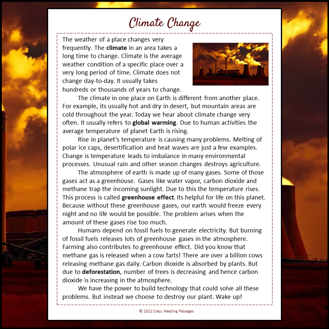 Climate Change Reading Comprehension Passage and Questions | Printable PDF