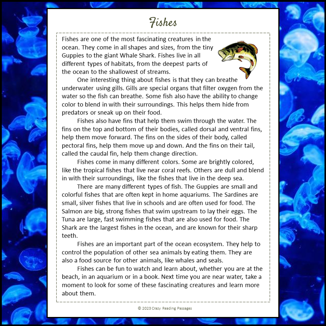 Fishes Reading Comprehension Passage and Questions | Printable PDF