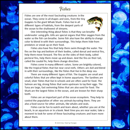 Fishes Reading Comprehension Passage and Questions | Printable PDF