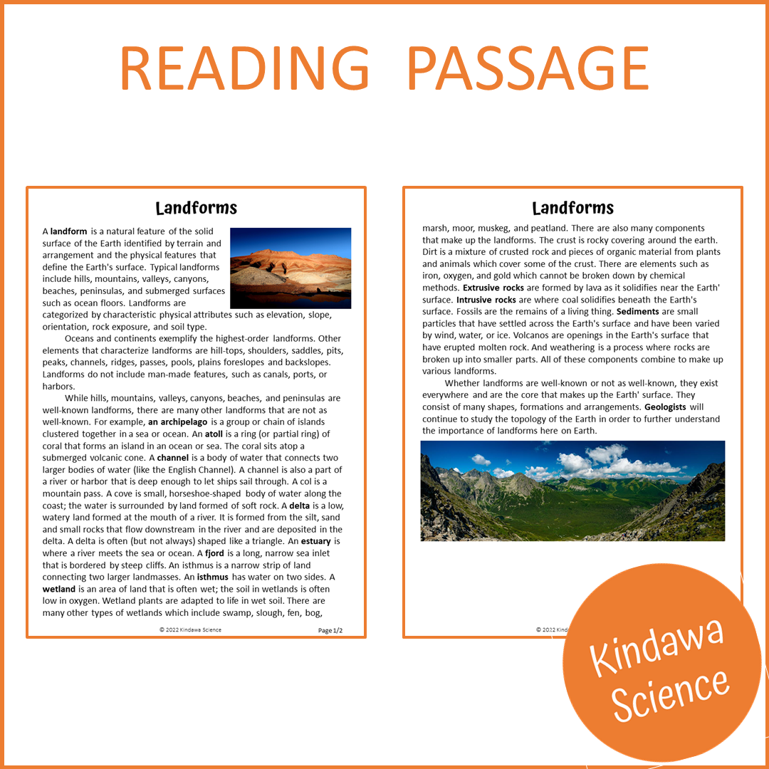 Landforms Reading Comprehension Passage and Questions | Printable PDF