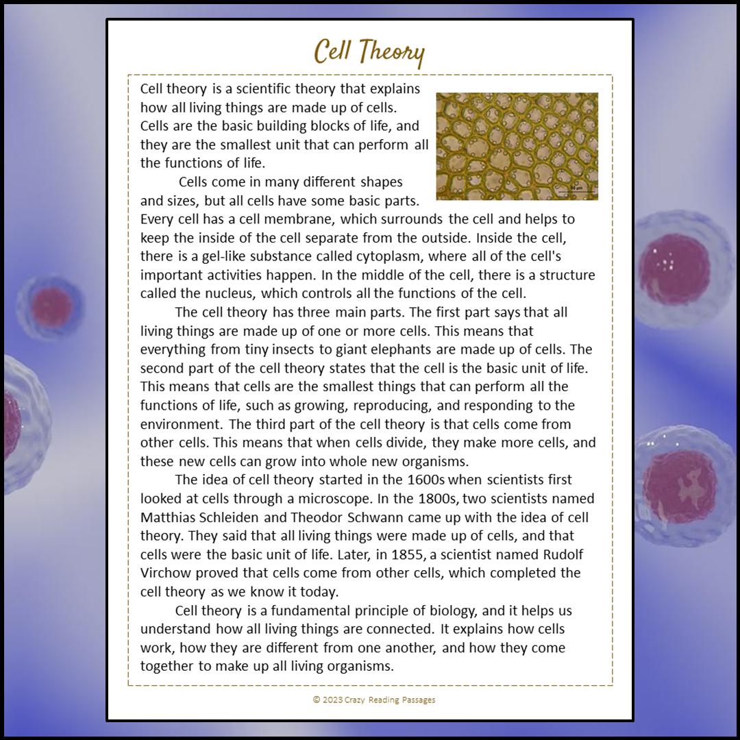 Cell Theory Reading Comprehension Passage and Questions | Printable PDF