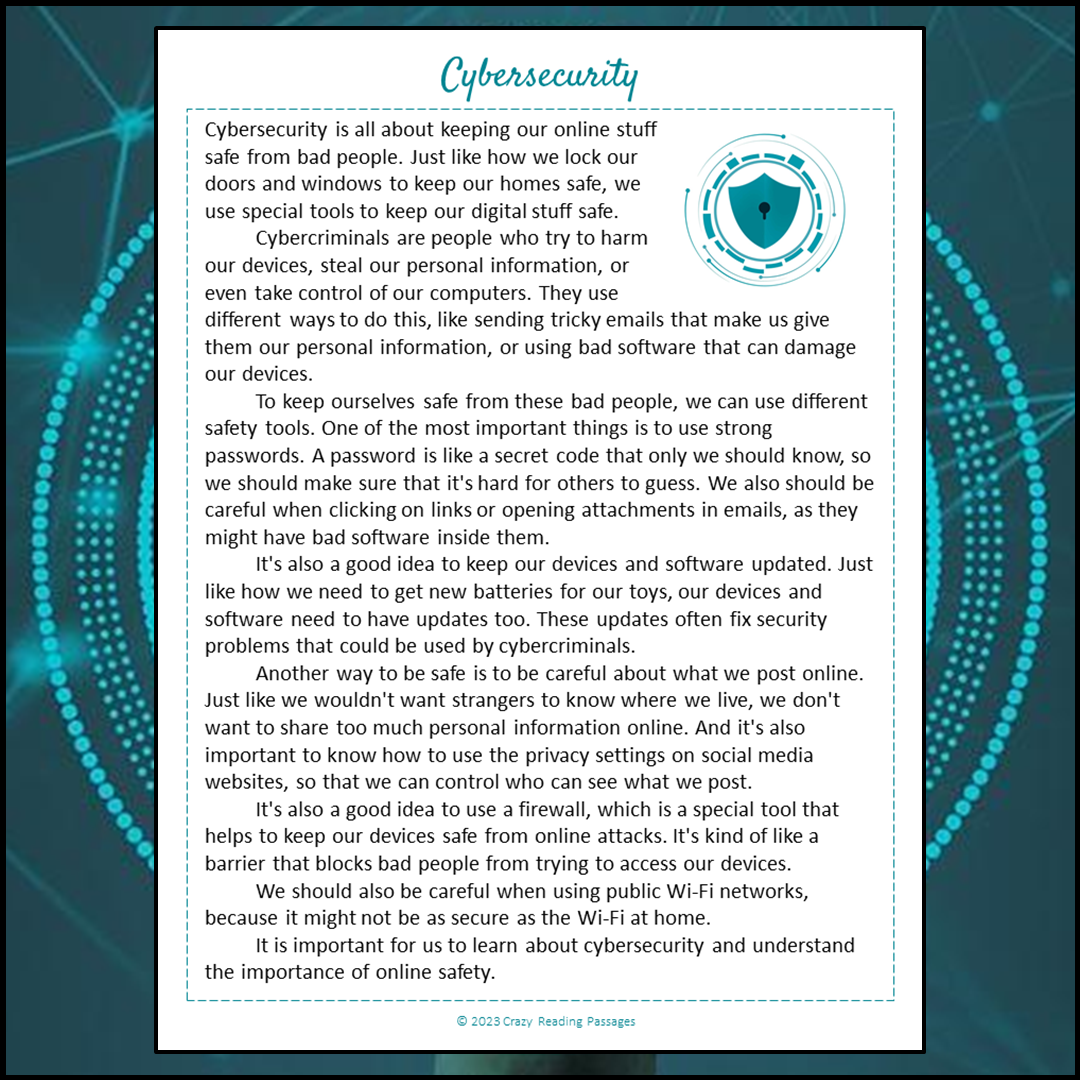 Cybersecurity Reading Comprehension Passage and Questions | Printable PDF