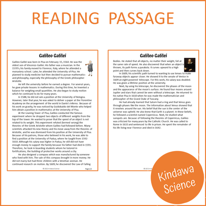 Galileo Galilei Reading Comprehension Passage and Questions | Printable PDF