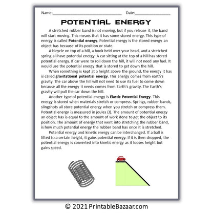 Potential Energy Reading Comprehension Passage and Questions