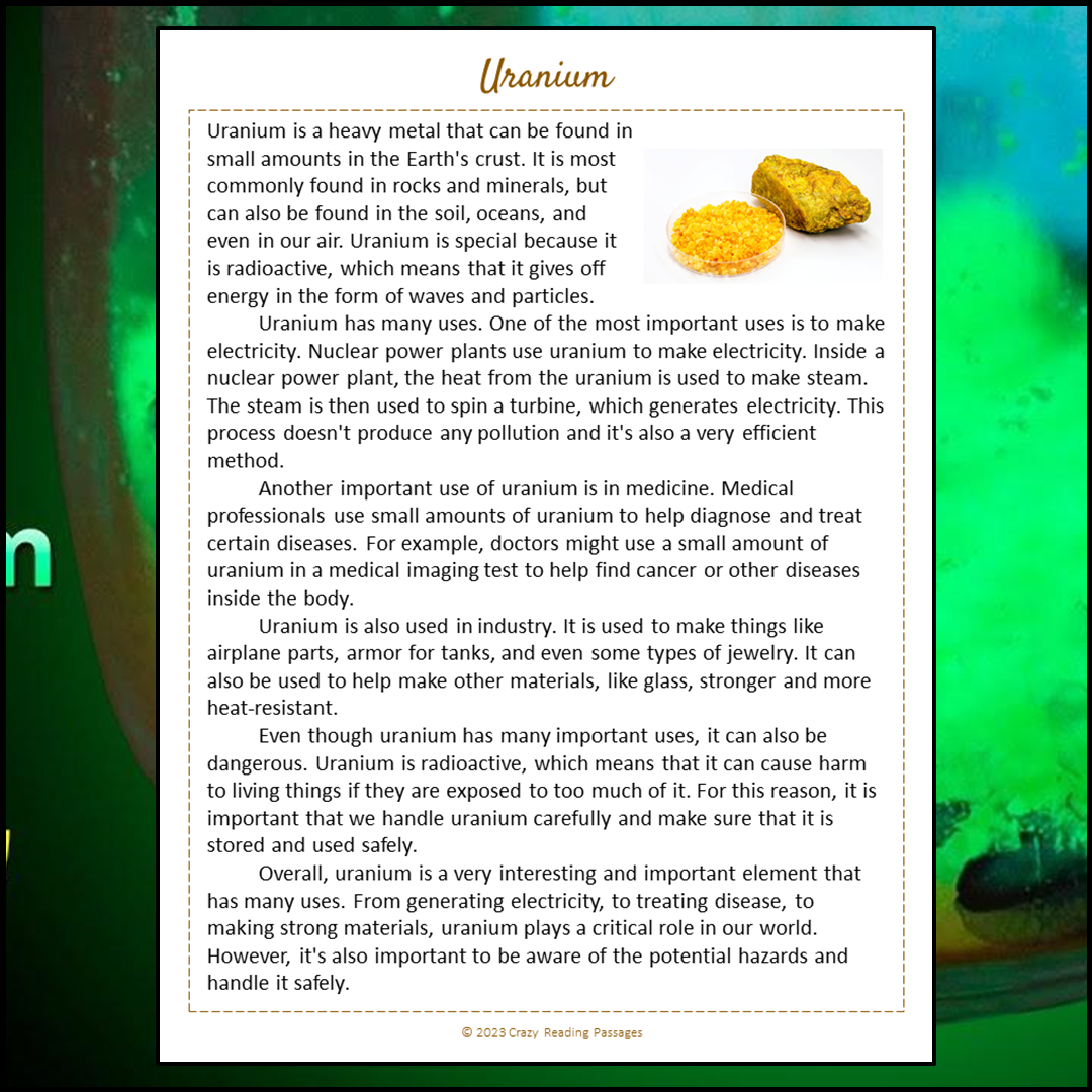 Uranium Reading Comprehension Passage and Questions | Printable PDF