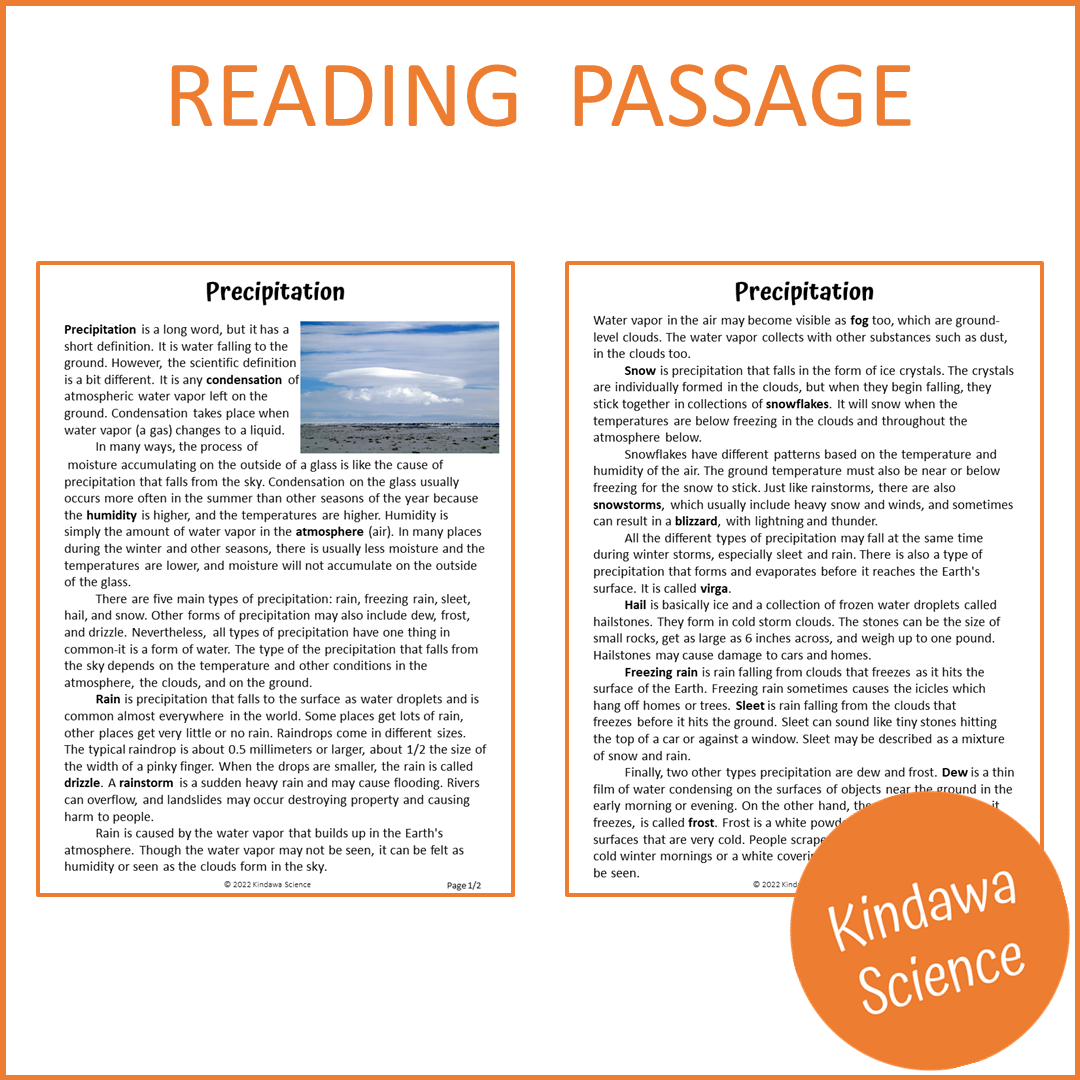 Precipitation Reading Comprehension Passage and Questions | Printable PDF