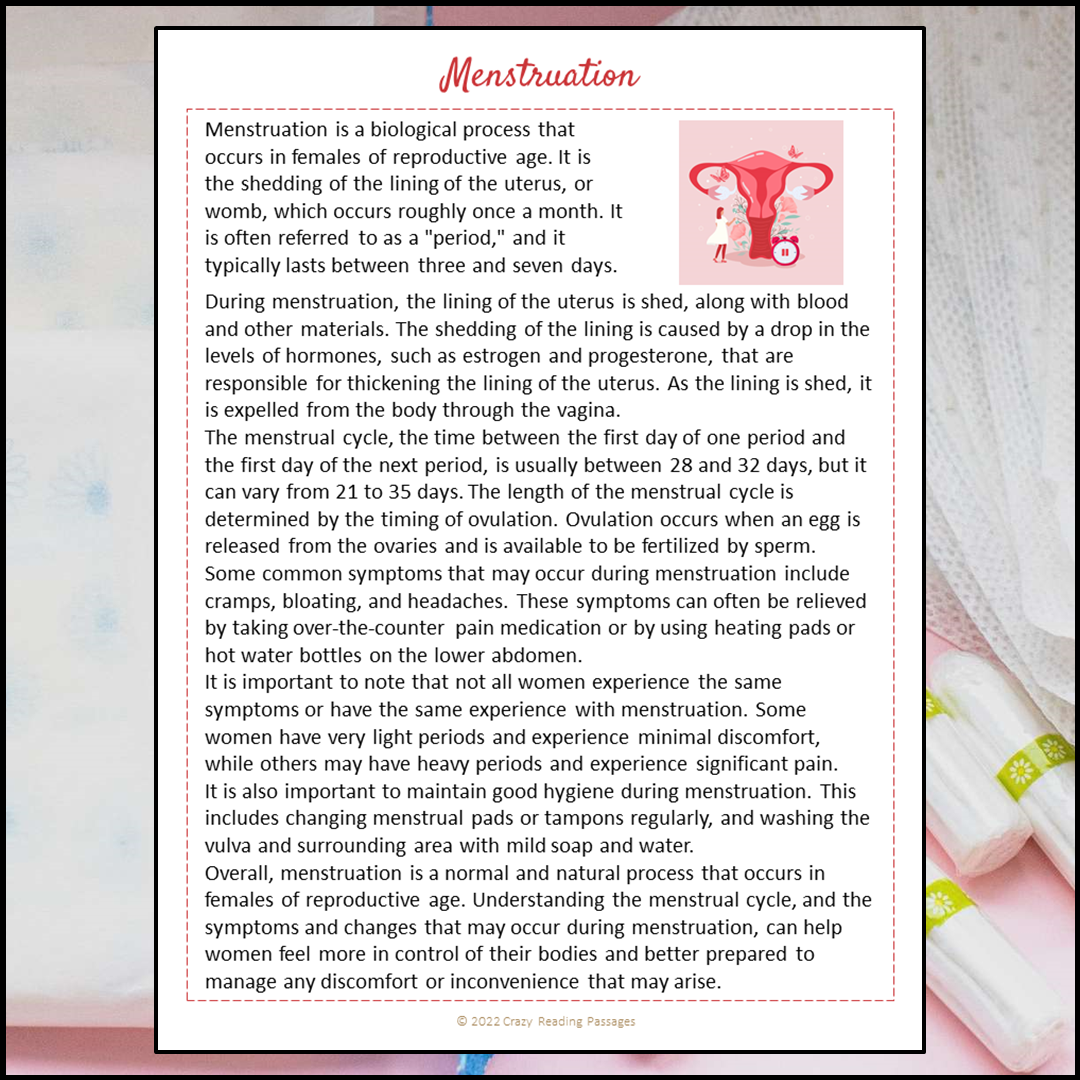 Menstruation Reading Comprehension Passage and Questions | Printable PDF