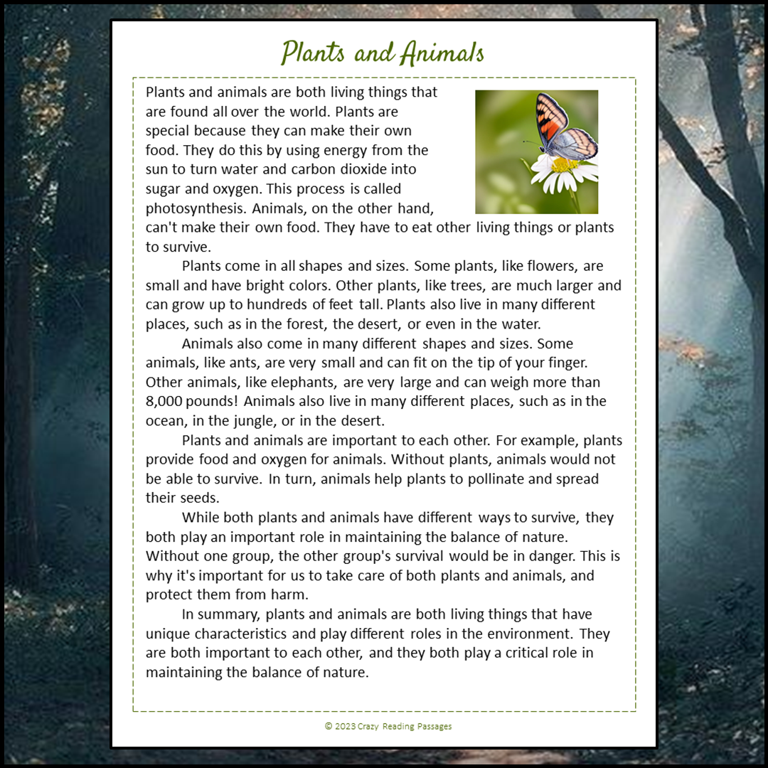 Plants And Animals Reading Comprehension Passage and Questions | Printable PDF