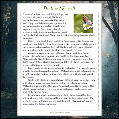 Plants And Animals Reading Comprehension Passage and Questions | Printable PDF