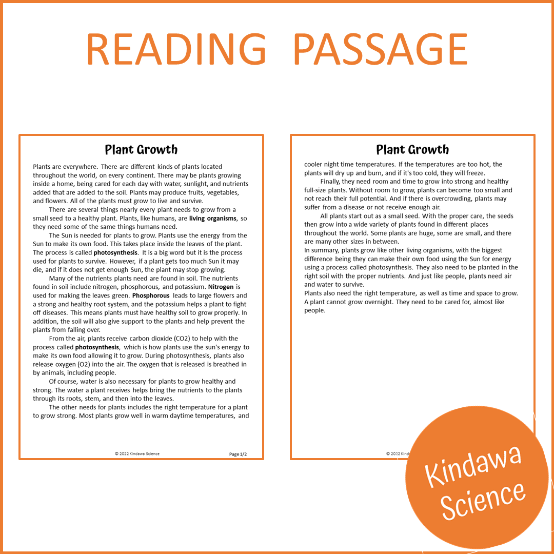 Plant Growth Reading Comprehension Passage and Questions | Printable PDF