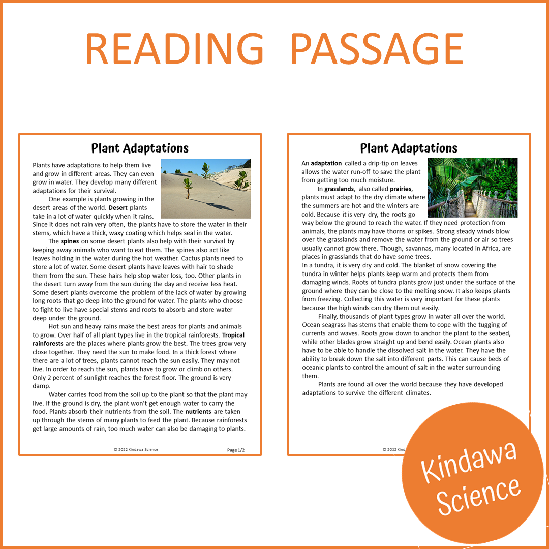 Plant Adaptations Reading Comprehension Passage and Questions | Printable PDF