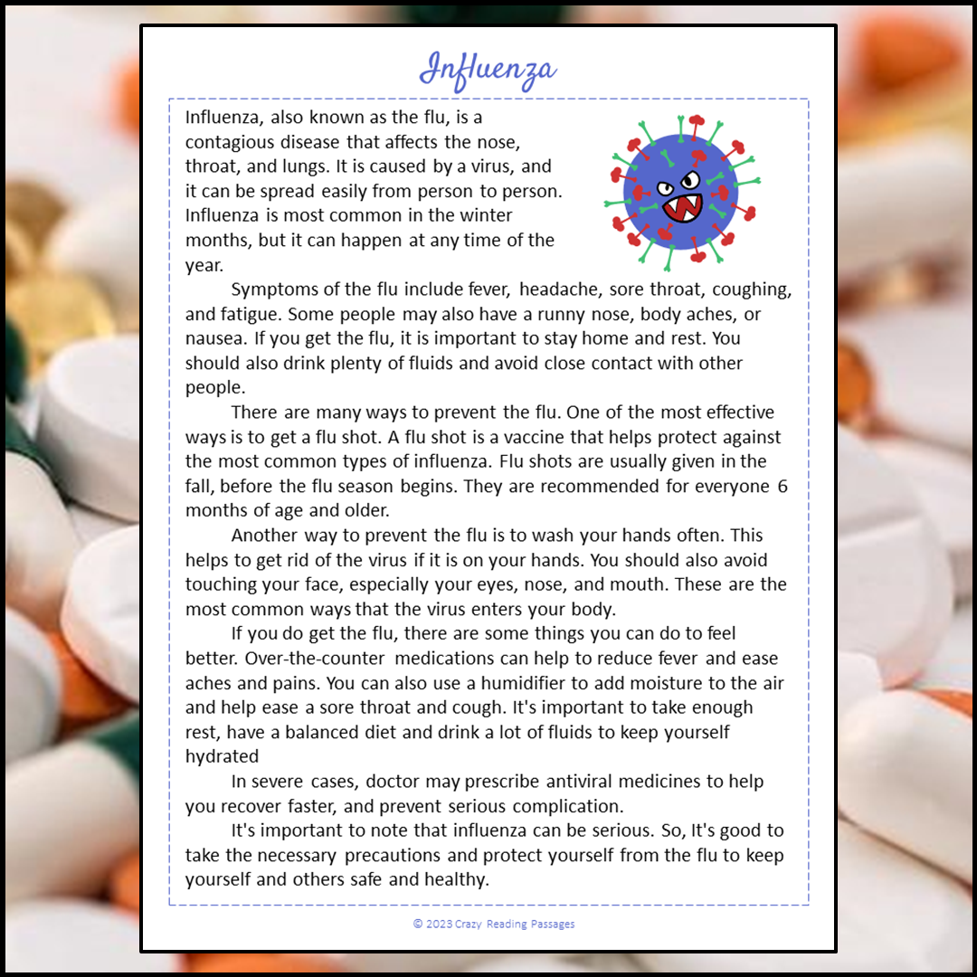 Influenza Reading Comprehension Passage and Questions | Printable PDF