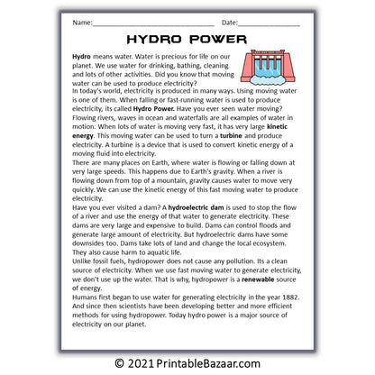 Hydro Power Reading Comprehension Passage and Questions