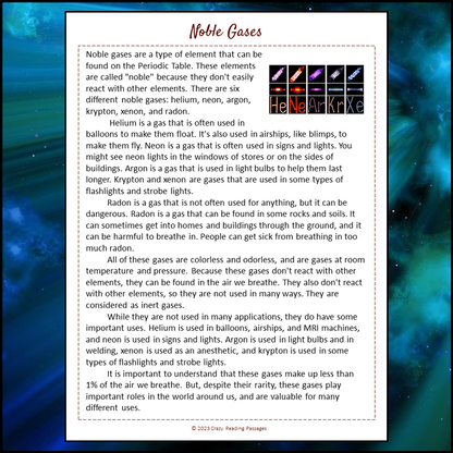 Noble Gases Reading Comprehension Passage and Questions | Printable PDF