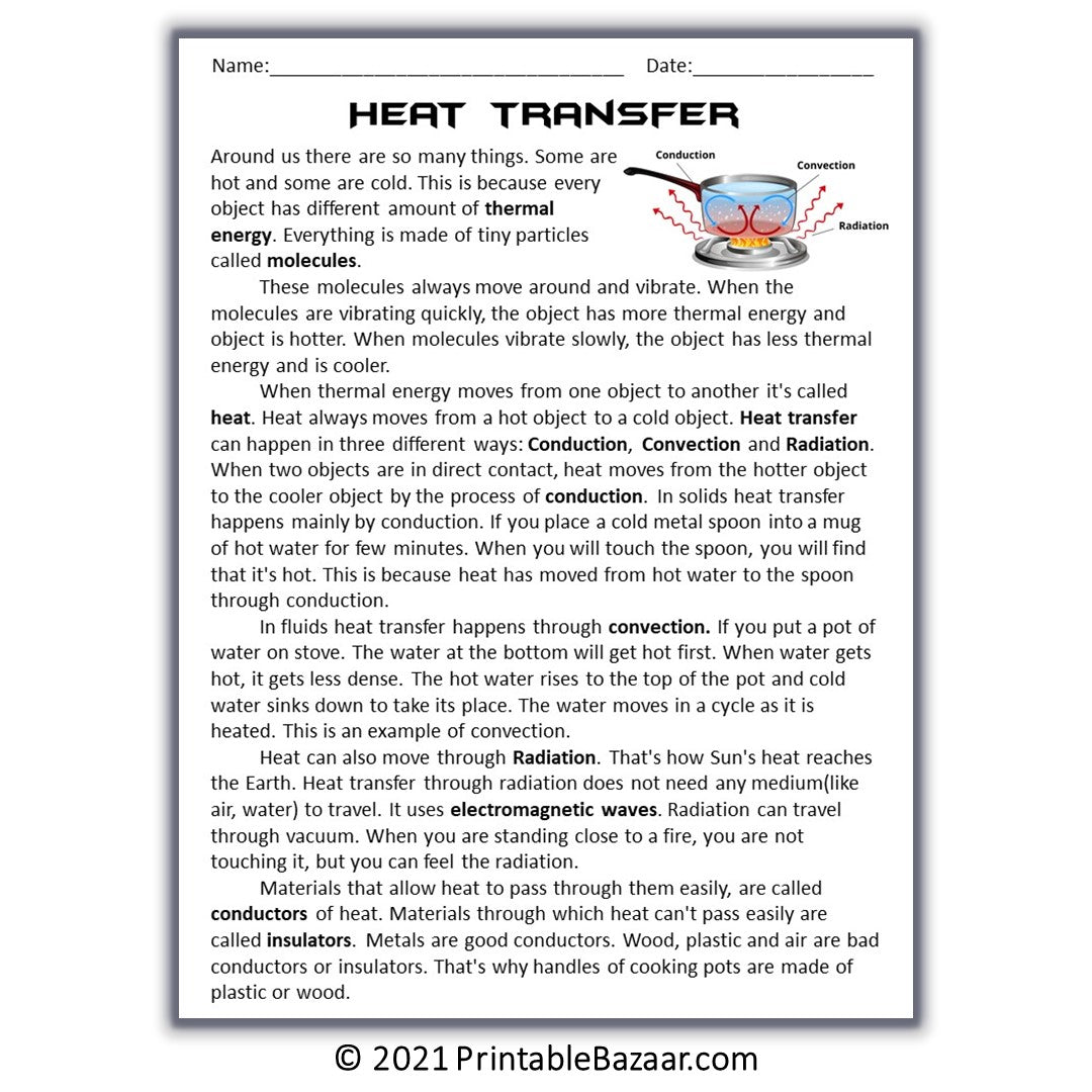 Heat Transfer (Thermal Energy) Reading Comprehension Passage And Quest ...