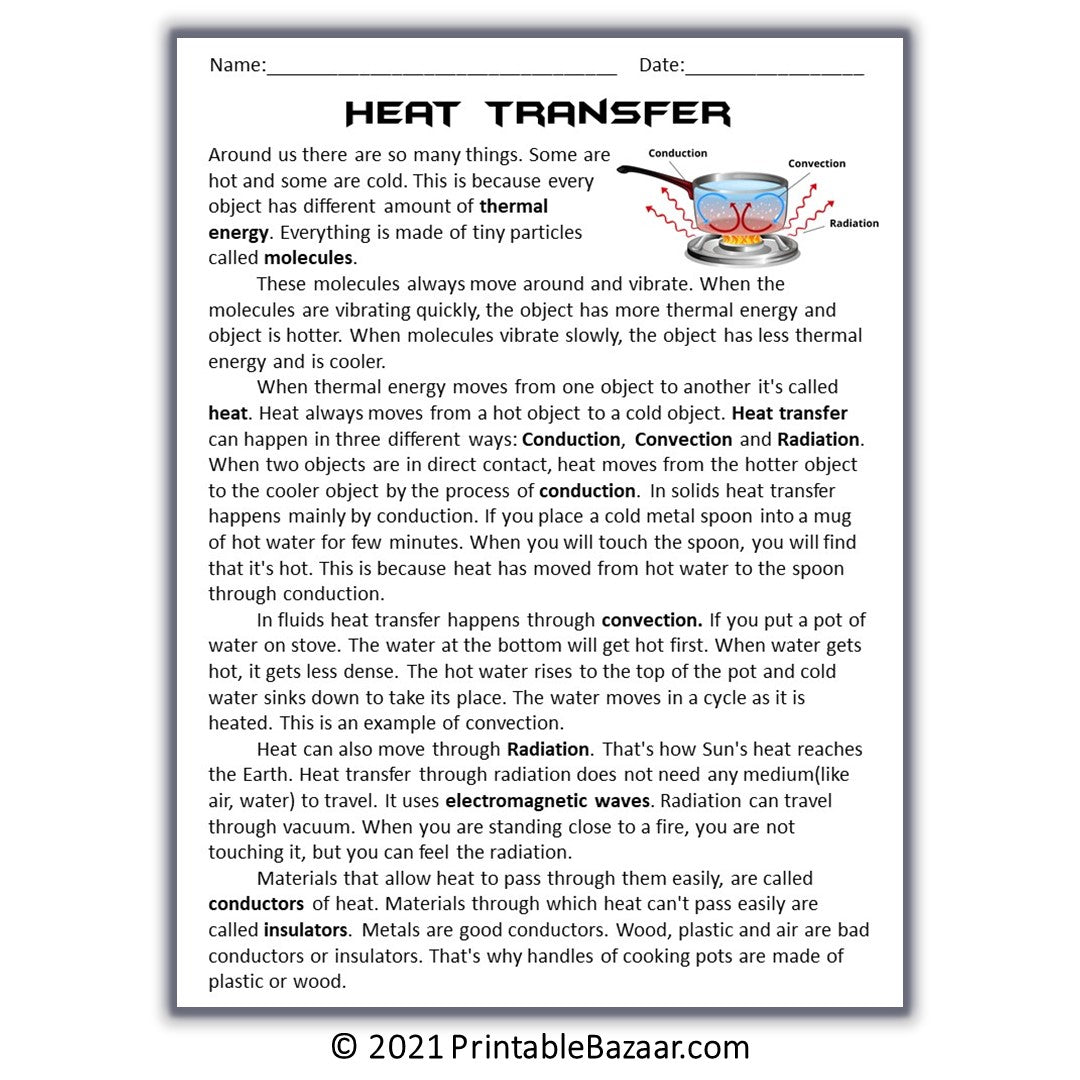 Heat Transfer (Thermal Energy) Reading Comprehension Passage and Questions