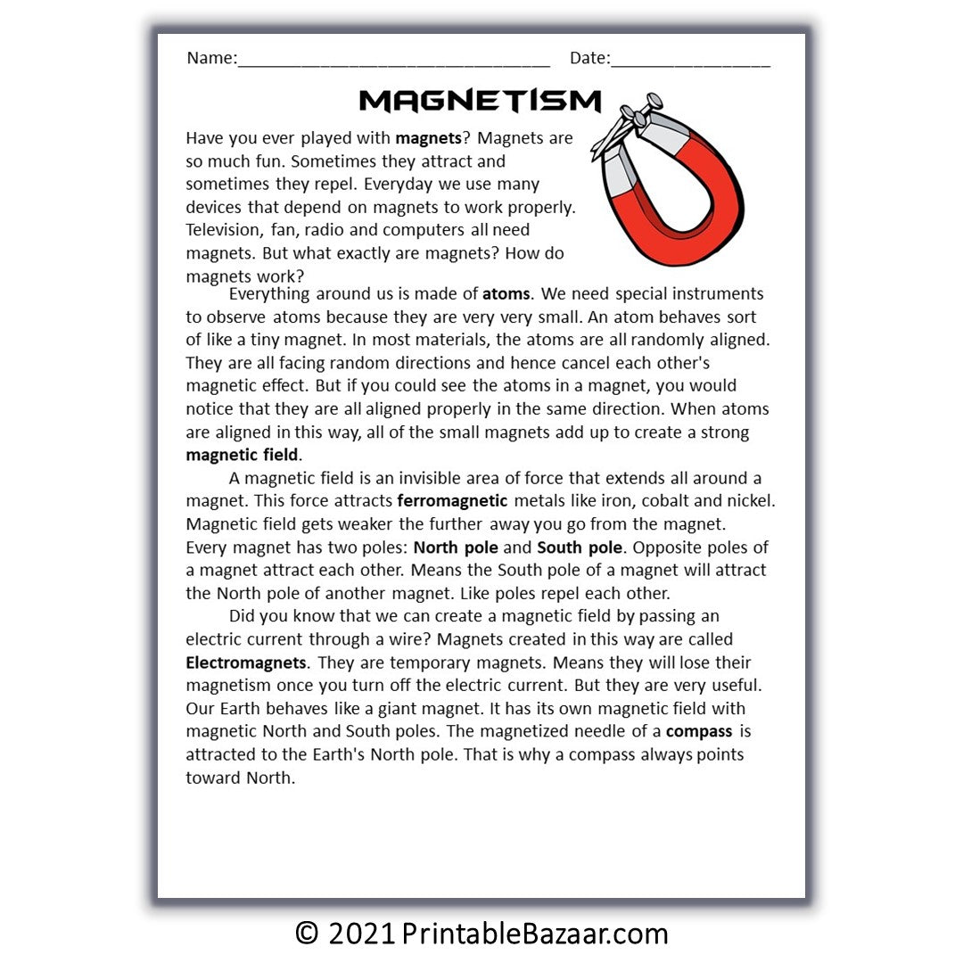 Magnetism Reading Comprehension Passage and Questions