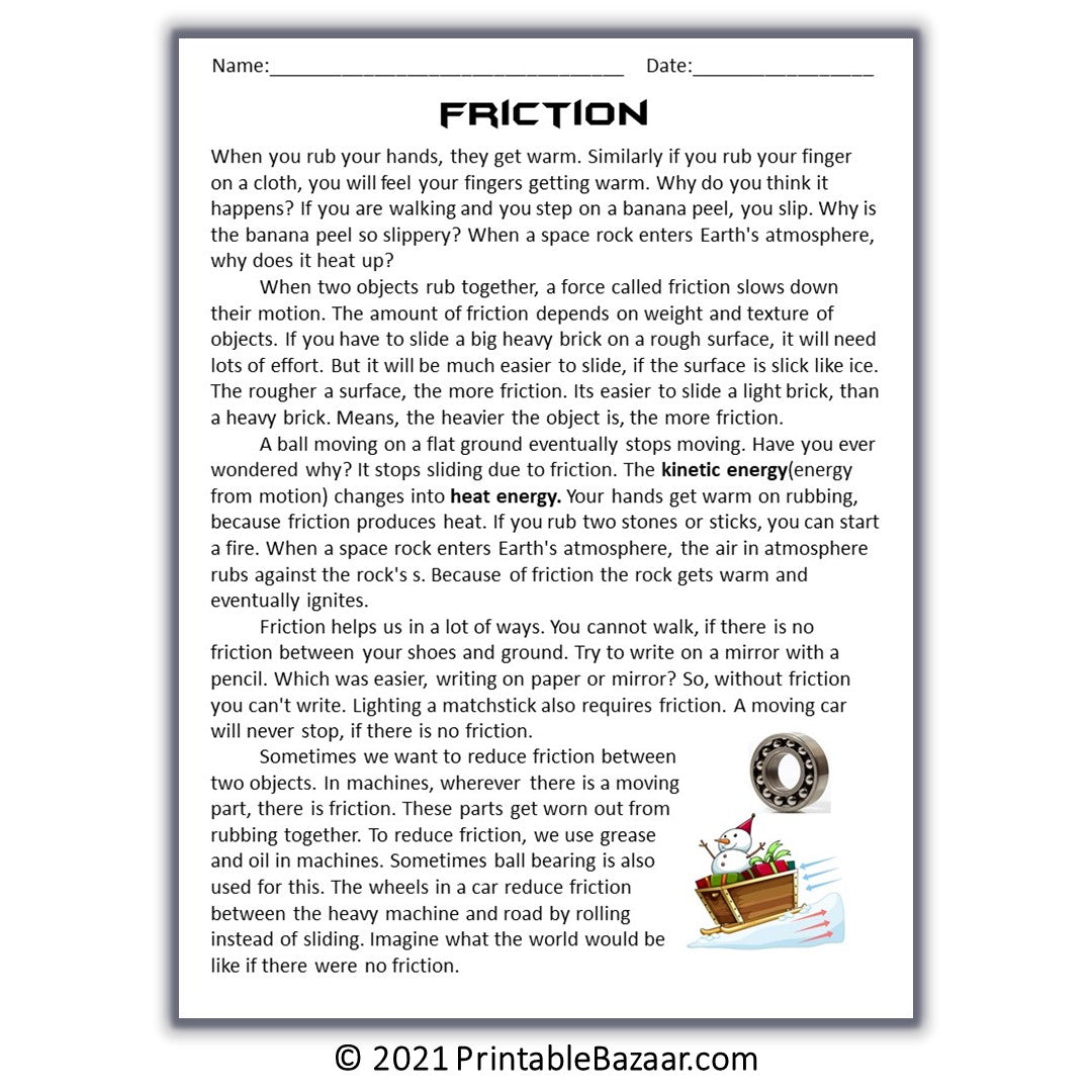 Friction Reading Comprehension Passage and Questions