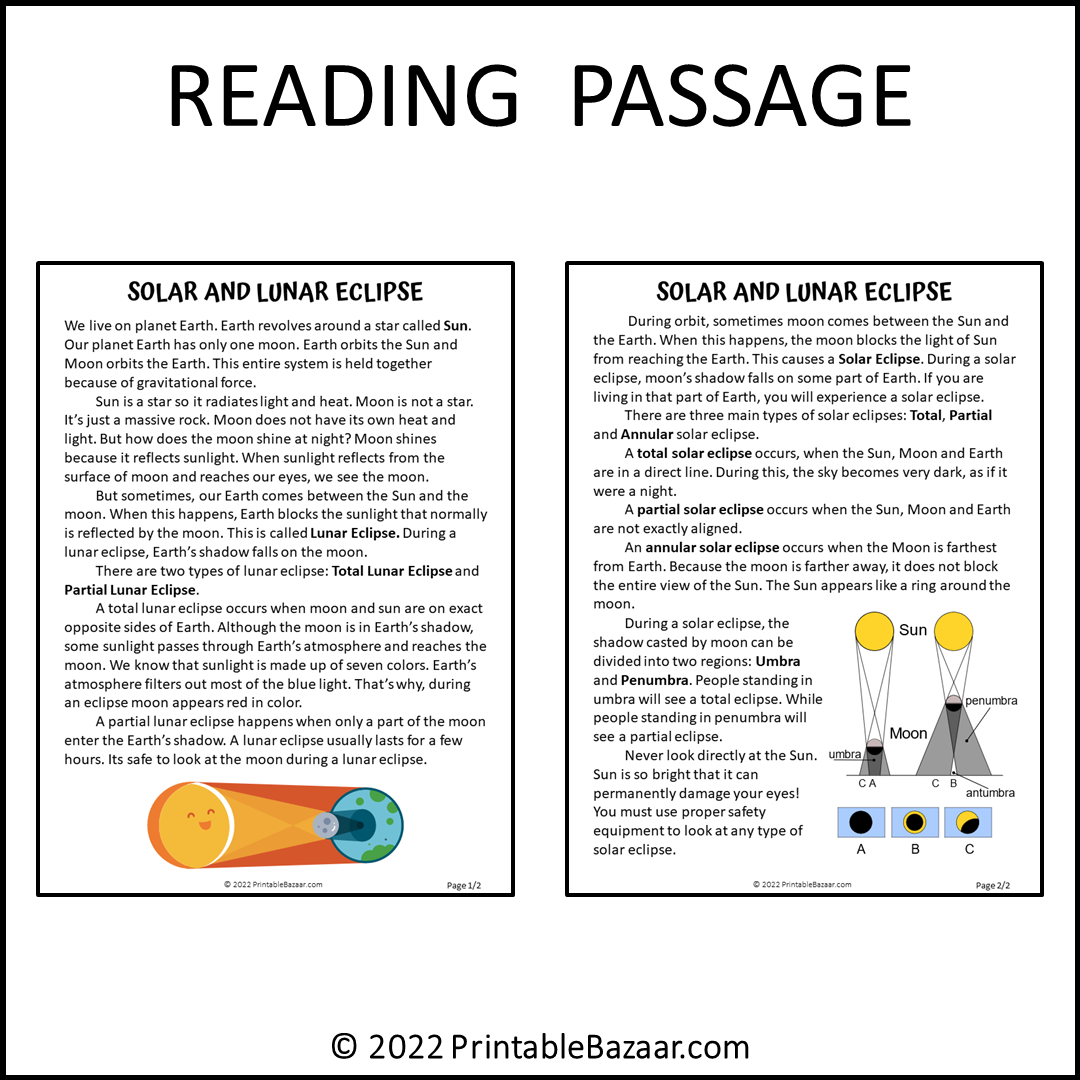 Solar And Lunar Eclipse Reading Comprehension Passage and Questions | Printable PDF