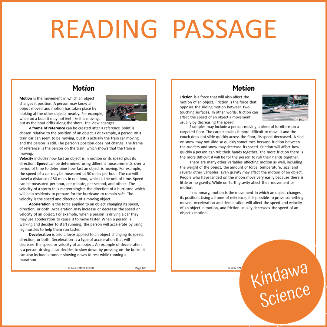 Motion Reading Comprehension Passage and Questions | Printable PDF