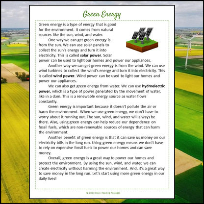 Green Energy Reading Comprehension Passage and Questions | Printable PDF