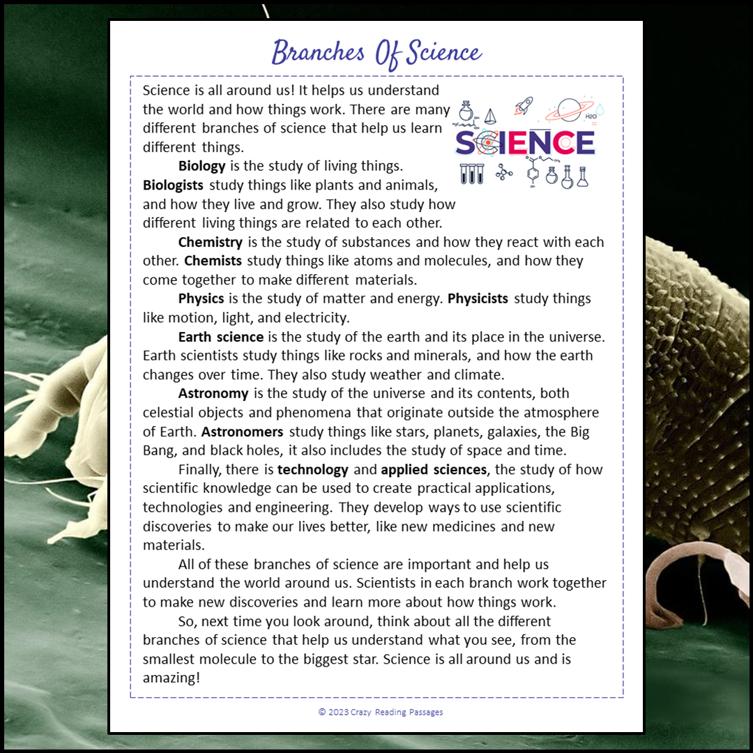 Branches Of Science Reading Comprehension Passage and Questions | Printable PDF