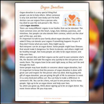 Organ Donation Reading Comprehension Passage and Questions | Printable PDF