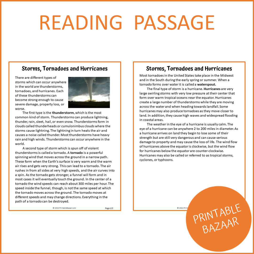 Storms, Tornadoes, and Hurricanes Reading Comprehension Passage and Questions | Printable PDF