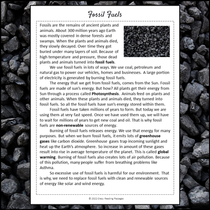 Fossil Fuels Reading Comprehension Passage and Questions | Printable PDF