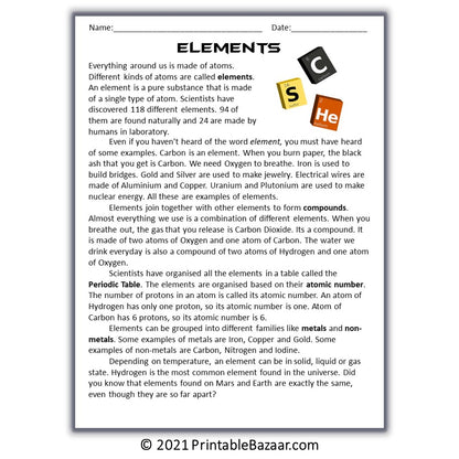 Elements Reading Comprehension Passage and Questions