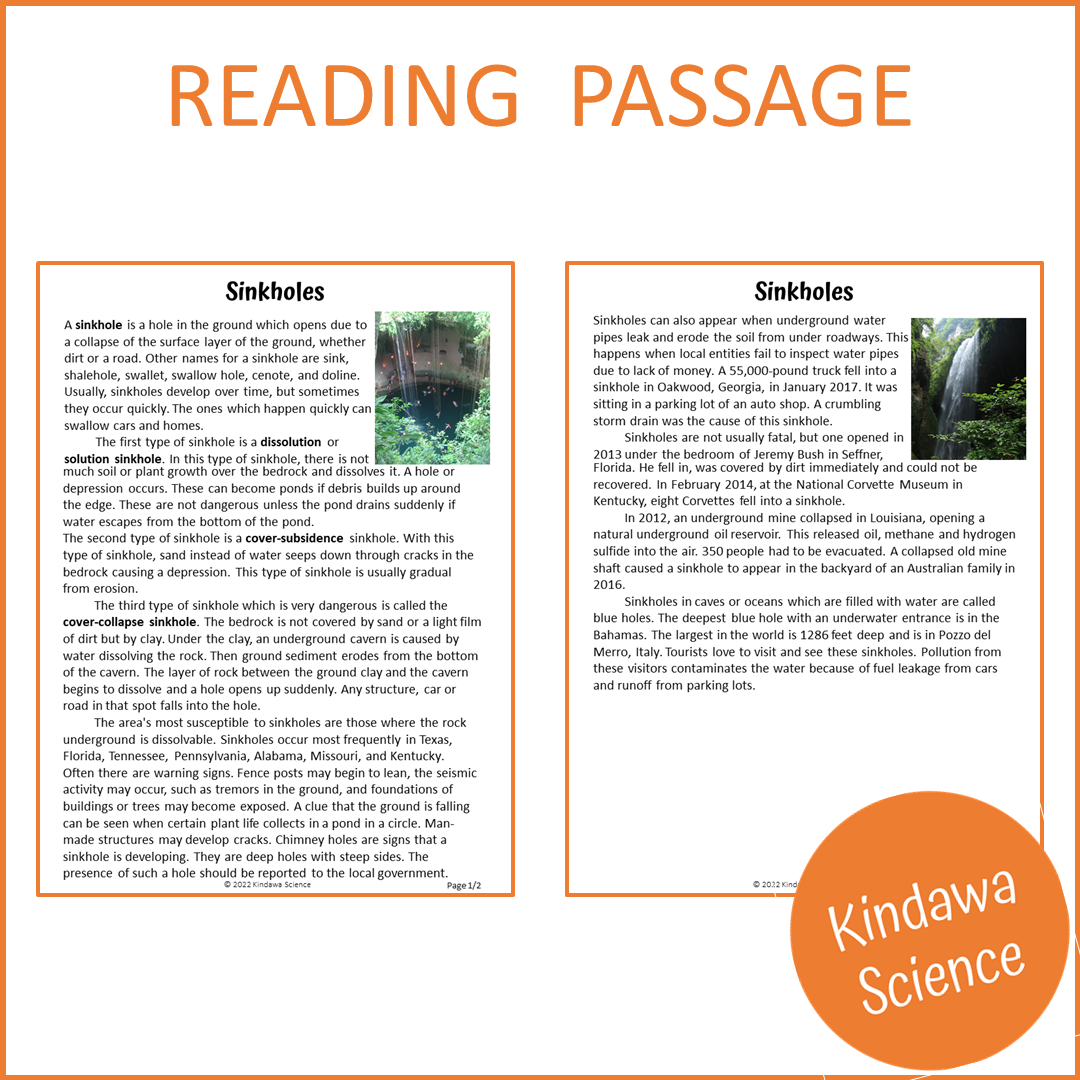 Sinkholes Reading Comprehension Passage and Questions | Printable PDF