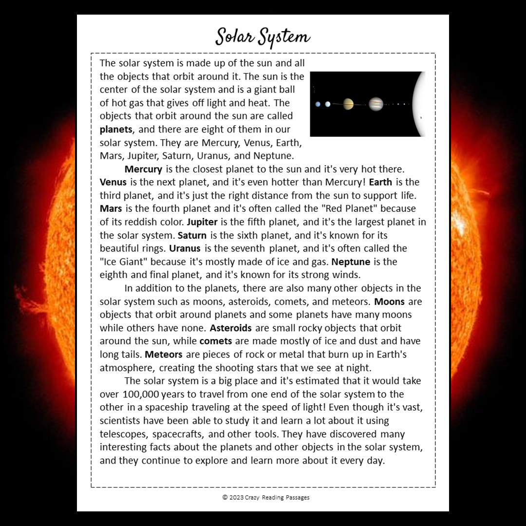 Solar System Reading Comprehension Passage and Questions | Printable PDF