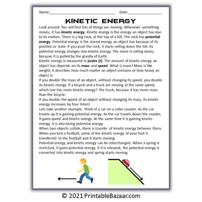 Kinetic Energy Reading Comprehension Passage and Questions