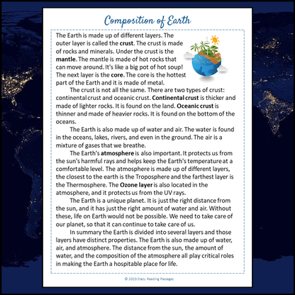 Composition Of Earth Reading Comprehension Passage and Questions | Printable PDF