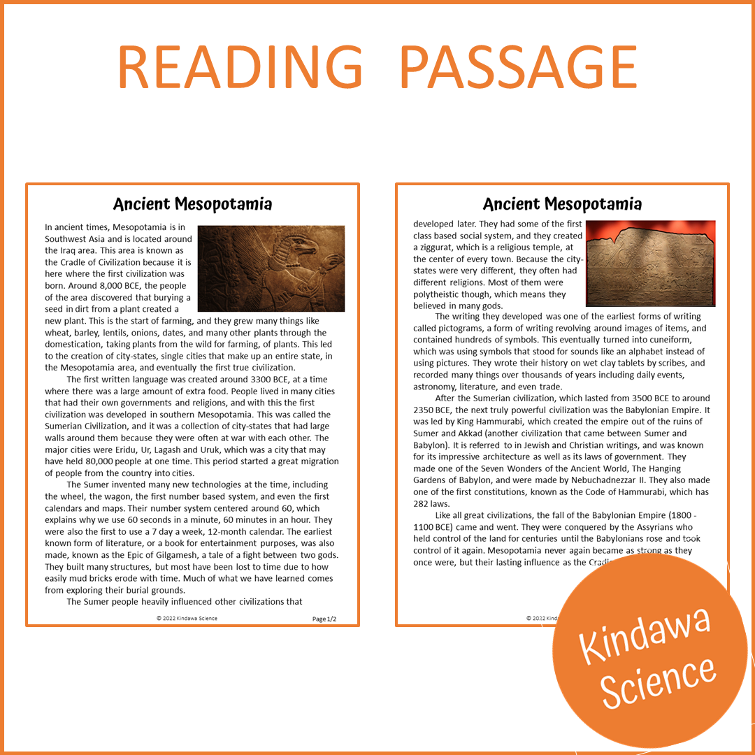 Ancient Mesopotamia Reading Comprehension Passage and Questions | Printable PDF