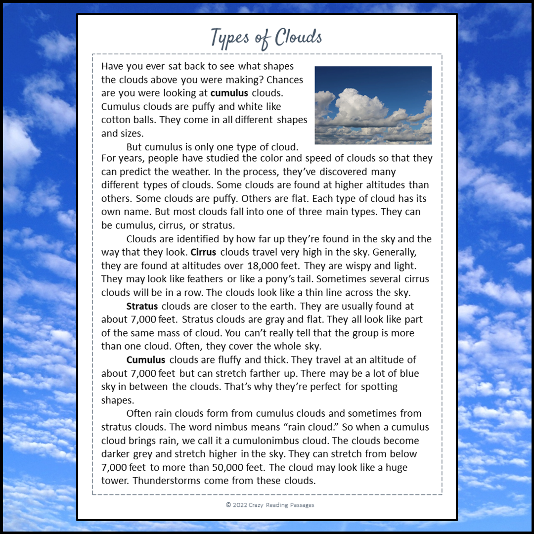 Types Of Clouds Reading Comprehension Passage and Questions | Printable PDF